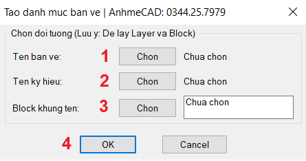 Bảng tùy chọn danh mục bản vẽ