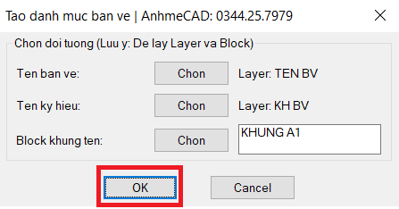 Xác nhận bảng tùy chọn danh mục bản vẽ