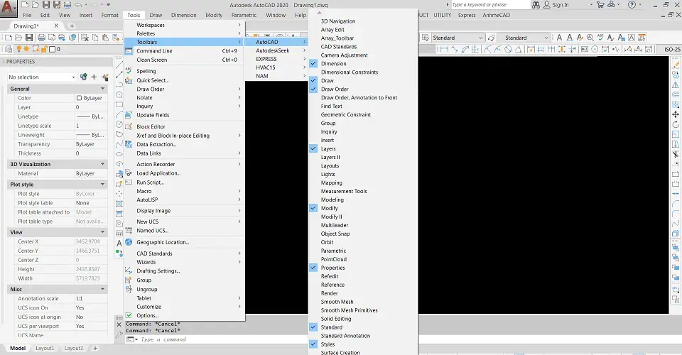 Bật thanh Toolbar trong Cad