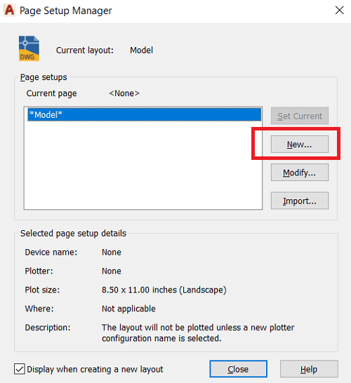 Hộp thoại Page setup trong Cad