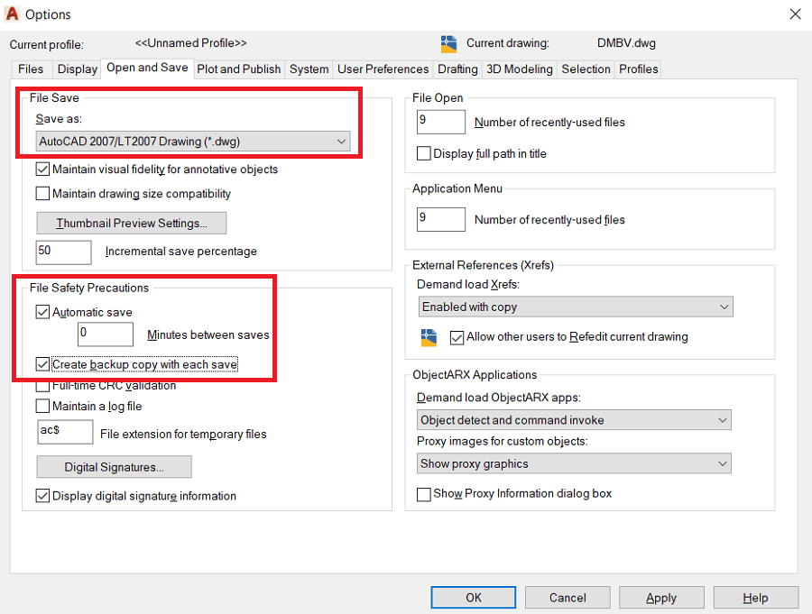 Tab Open and Save trong Option