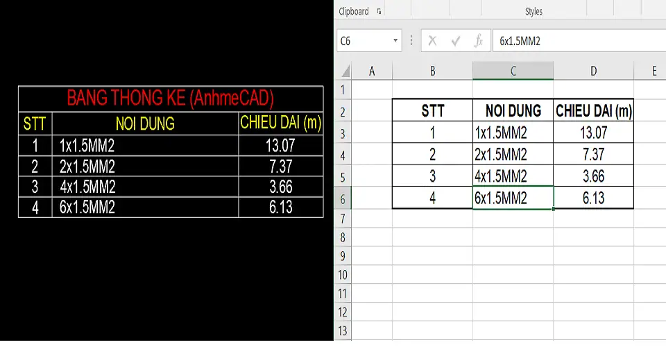 Xuất ra bảng thống kê trong Cad và Excel